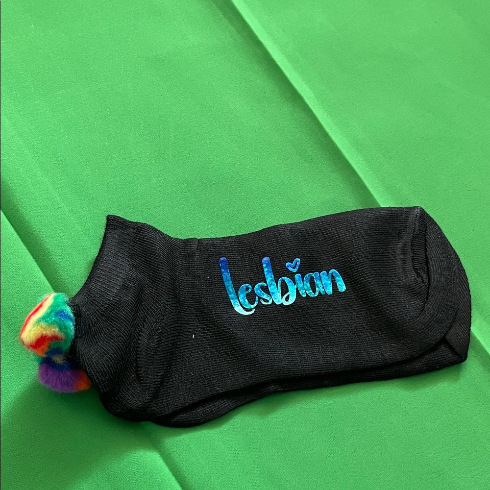 Black Custom Ankle Socks with Rainbow Pom-Pom